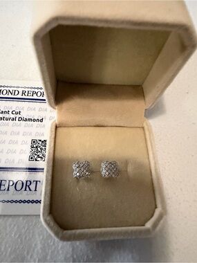 Diamond Pave Square Stud Earrings - White Gold Tone
